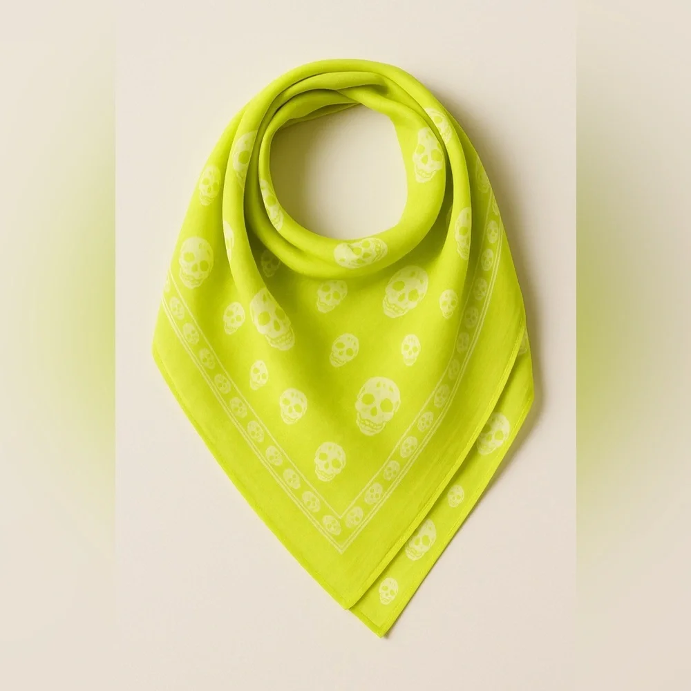 Raj Anthropologie Neon Yellow Skull Print Square Scarf NWT 41
